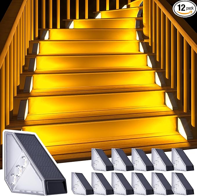 ROSHWEY Solar Step Lights for Outside, 12 Pack Solar Stair Lights Outdoor Waterproof, Triangle Deck Step Lights Solar Powered, Outdoor Decor Lighting for Front Porch, Backyard, Patio, Warm White