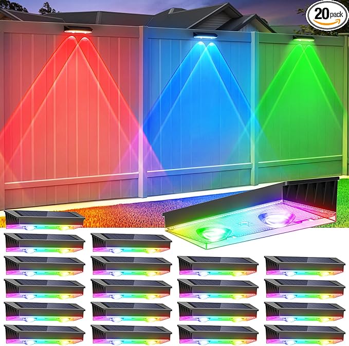 Solar Fence Lights Outdoor, 20 Pack Warm White/RGB Fence Solar Lights with 2 LED, IP65 Waterproof, Backyard Patio Decor for Deck, Wall, Railing, Pool, Stair