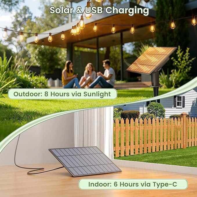 150FT Solar String Lights Outdoor with Remote, USB, Timer & 62 Shatterproof Bulbs, 2200K Soft Warm White, Dimmable | Lumora