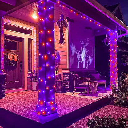 2 Pack Christmas Lights Outdoor, Total 200FT 600 LED Purple Orange String Lights for Outside with 8 Modes Waterproof, Plug in Christmas Decorations for Indoor House Patio Garden Party Holiday