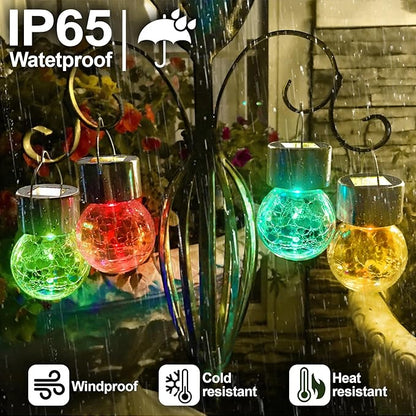 Solar Hanging Lanterns Outdoor: 12 Pack Cracked Glass Ball Lights with Hook - Waterproof Color Changing Globe Decorative Garden Tree Fence - Gardening Holiday Gifts for Women