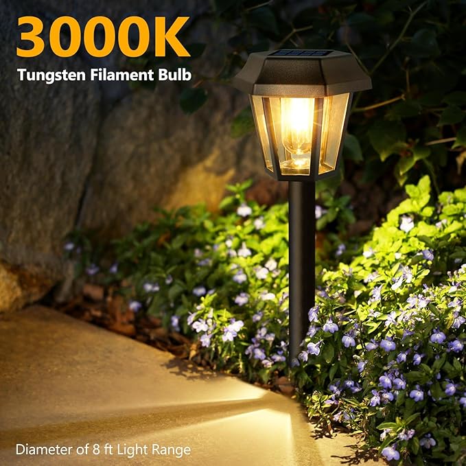 Solar Lights Outdoor 12 Pack Pathway Lights Waterproof with 3000K Vintage Tungsten Filament Light Bulbs for Yard Garden Walkway Driveway Landscape Path