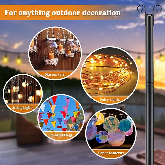 String Light Pole for Ground, 8FT Heavy Duty Adjustable Metal Poles for Outdoor String Light Hanging with Flange | Lumora