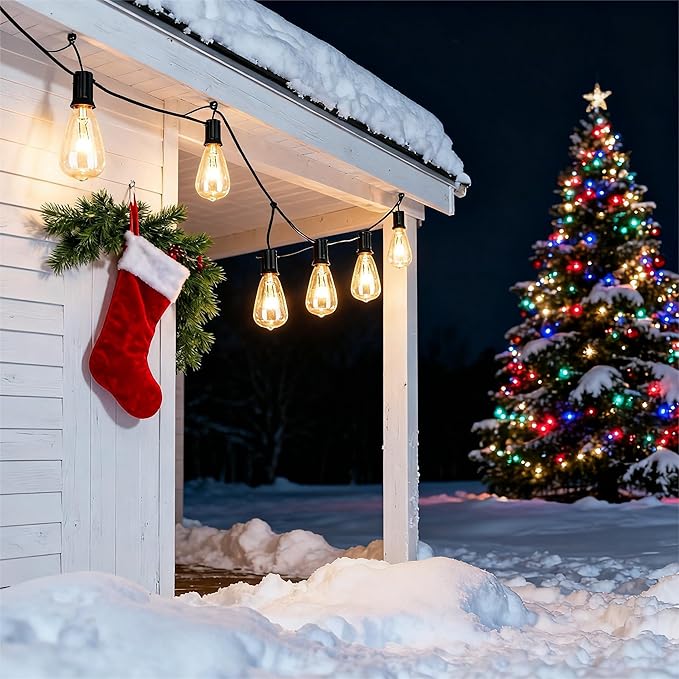 Elevon Led Light Bulb Outdoor String Lights 25 Ft, Waterproof Christmas Lights Patio ST38 Vintage Edison Bulbs (1 Spare), Outside Warm White Hanging Shatterproof Light Waterproof