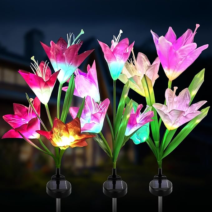 3 Pack Solar Powered Lily Flower Lights Outdoor, Waterproof Color Changing Garden Lights with Large Solar Panel for Patio, Yard, Pathway Decoration