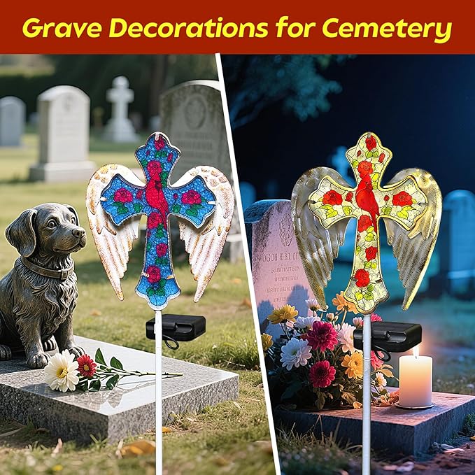 Solar Cross Lights Outdoor, Solar Cardinal Stake Lights Cemetery Decorations for Grave, Jesus Cross Sympathy Memorial Gifts for Christmas Women Mom, Glass Garden Art for Cemetery Yard Patio
