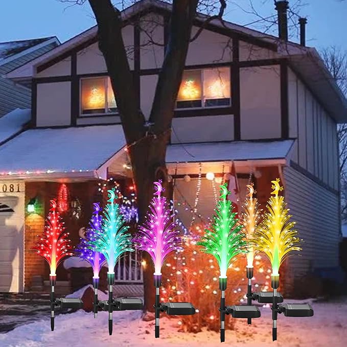 Solar Christmas Tree Pathway Lights-Outdoor Garden Waterproof 7 Color Changing 3Pcs Fiber Optic Jellyfish Lighting Decor for Garden Lawn Patio