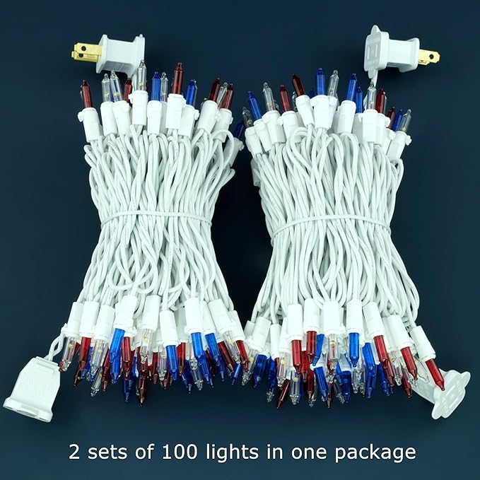 YULETIME 200 Red, White & Blue Christmas Lights, Pack of 2 Sets 33 Feet 100 Count Incandescent-Like LED Mini String Lights (Red, White & Blue - White Wire)