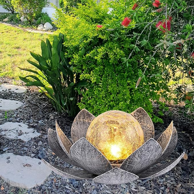 Ragyzity Lotus Solar Lights Outdoor, Bright Lotus Flower Table Lamp, Art Crackle Globe Glass Lotus Decoration, Waterproof Led Metal Flower Light Garden Table Decor for Patio Porch Pathway Lawn Pond