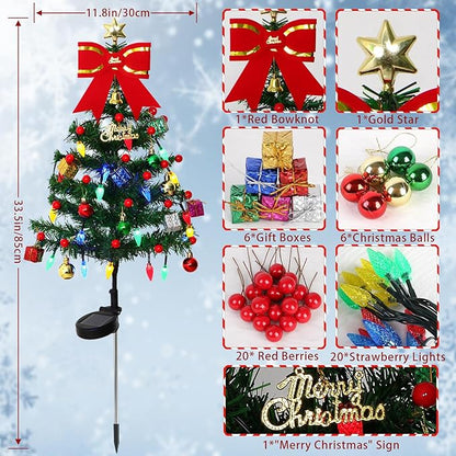 KHOYIME Solar Christmas Tree 4 Pack 33.5in Outdoor Waterproof Solar Powered Prelit Xmas Tree with 80 LED Lights 2 Flashing Modes 136 DIY Xmas Ornaments Holiday Decoration for Garden Pathway Yard Patio