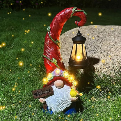 Gnome Garden Decor Statue - Solar Lantern Christmas Gnomes Decorations for Yard with Succulent and 6 LED Lights Outdoor Decoration for Patio