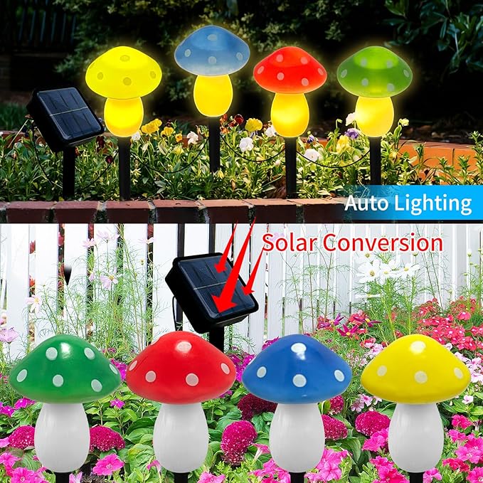 4Pcs Mushroom Solar Lights Outdoor, Waterproof Fairy Houses Light Mushroom Garden Decor Decorative Solar Powered Garden Stake Lights for Outside Lawn Walkway Patio Yard (Red/Yellow/Green/Blue)