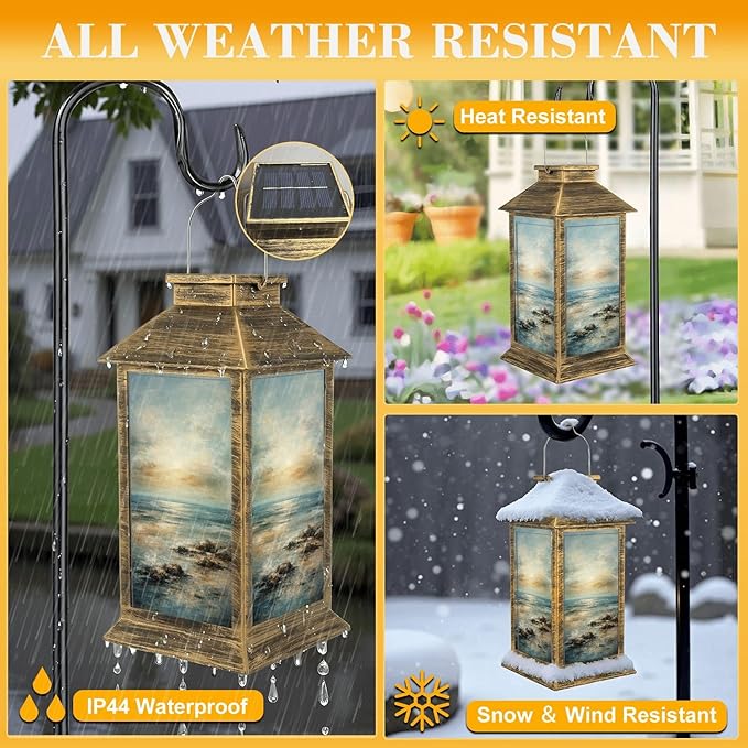 Solar Lantern Outdoor Waterproof Abstract Light Blue Coastal Theme Modern Ocean Skyline Sunset Sunrise Garden Decor LED Solar Lights Hanging/Tabletop Lamp Gifts for Women Mom for Outside Yard Patio