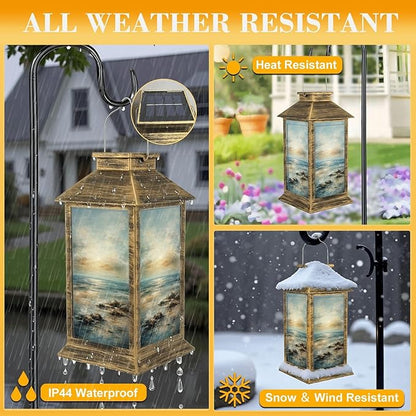 Solar Lantern Outdoor Waterproof Abstract Light Blue Coastal Theme Modern Ocean Skyline Sunset Sunrise Garden Decor LED Solar Lights Hanging/Tabletop Lamp Gifts for Women Mom for Outside Yard Patio