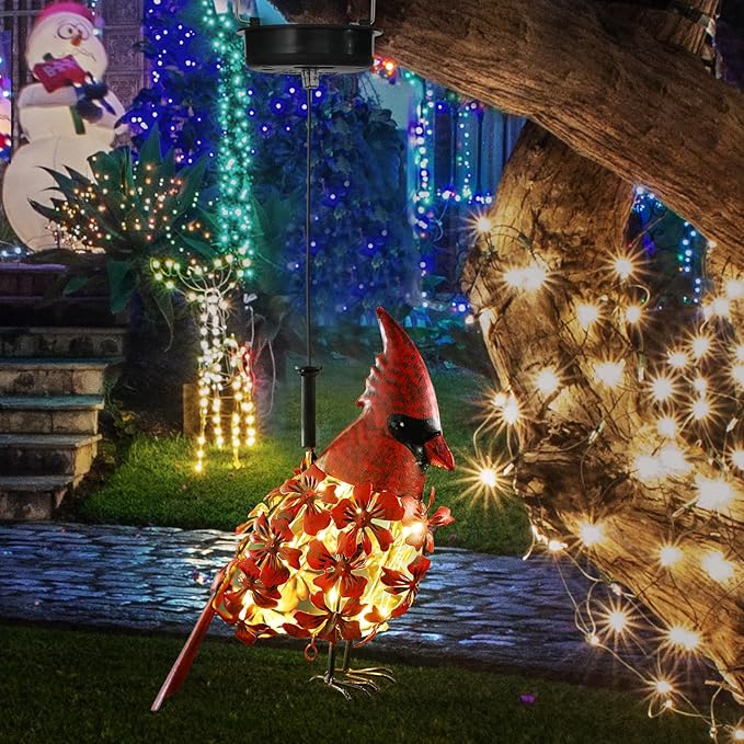 Cardinal Solar Lights Hanging Decoration Garden Outdoor Decor Metal Gifts Waterproof for Yard Front Porch Lawn Driveway Patio Backyard Pathway Gardening Lanterns Gift