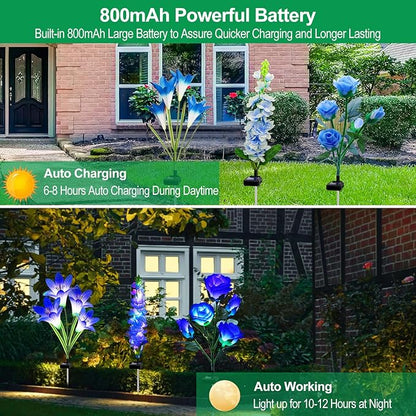 Solar Garden Lights, 6 Pack Solar Flowers Lights with Lily Rose Delphinium, Waterproof Gardening Gifts for Mom Grandma Women,Multi-Color Changing Outdoor Light for Garden Yard Patio Lawn