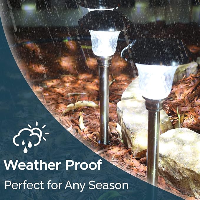 Morvat LED Solar Powered Outdoor Landscape Path Lights with Stainless Steel & Glass Lens, Up to 8 Hours Lighting for Garden Lawn Yard Walkway & Pathway, Waterproof, Dusk to Dawn, White Light, 8 Pack