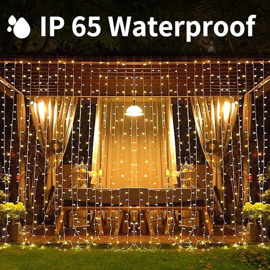 300LED Solar Curtain Lights Outdoor Indoor 8 Modes Solar Fairy Curtain String Lights Waterproof Twinkle Lights for Home Garden Patio Gazebo(Warm White)