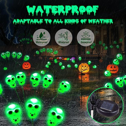 Halloween Solar Pathway Lights 2PK 12 LEDs Solar Outdoor Garden Stake Lights,Waterproof Pathway Light for Halloween Party Home Yard Patio Decorations Skull