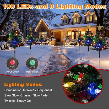 2 Pack Solar Christmas Decorations Tree Lights, Upgraded Outdoor Solar Stake Decorative Lights Xmas Tree W/100 LED-RGB Lights, 8 Lighting Modes & IP65 Waterproof, for Garden Pathway Lawn Patio