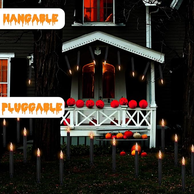 SUNSGNE Halloween Pathway Marker String Lights - 19.5Ft Outdoor Walkway Lights with 10 Black Blood Tears Candle Light Stakes for Lawn, Yard, Sidewalk, Garden Decoration