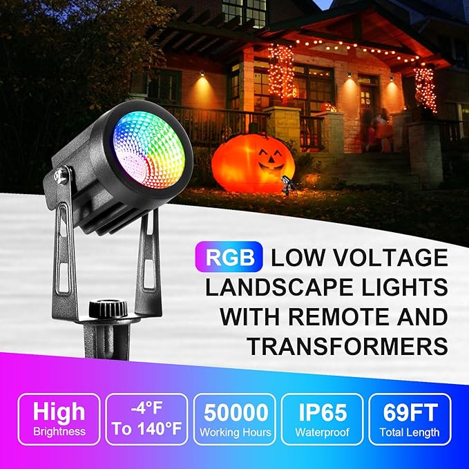 Outdoor Landscape Lighting, 6 Pack RGB Outdoor Spot Lights with Transformers and Remote, 12V Low Voltage Color | Lumora
