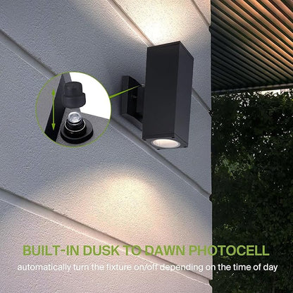 ASD 2 Light Square Dusk to Dawn Outdoor Wall Light Fixture | 120W E26 Bulb Socket 120V ETL Cylinder Up Down Lights | LED/CFL/Incandescent Bulb Wall Sconce | Front Door, Porch, Patio | Black