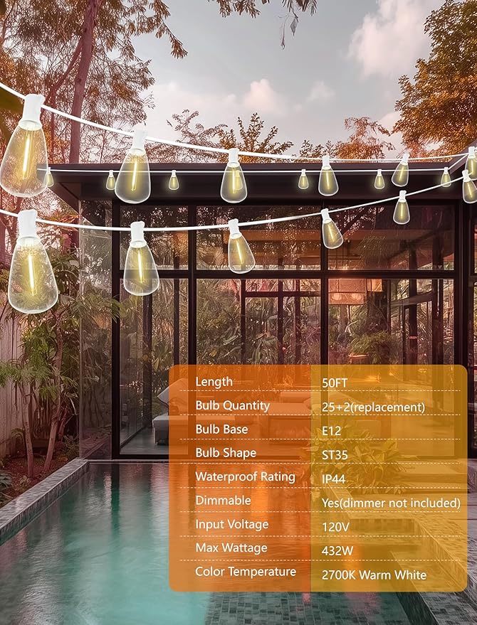 Outdoor String Lights 50FT Patio Lights with 25 Shatterproof, String Lights Outdoor Waterproof with ST35 LED Vintage Edison Bulbs, Hanging Light for Outside Backyard Garden-White