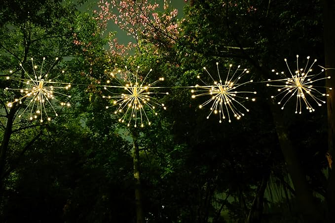 Remote Firework Led Copper Wire Starburst Lights, 4 Connection Total 480 LED Fairy Twinkle String Lights, 8 Modes With Remote Control, Dimming, Timer (Warm White)