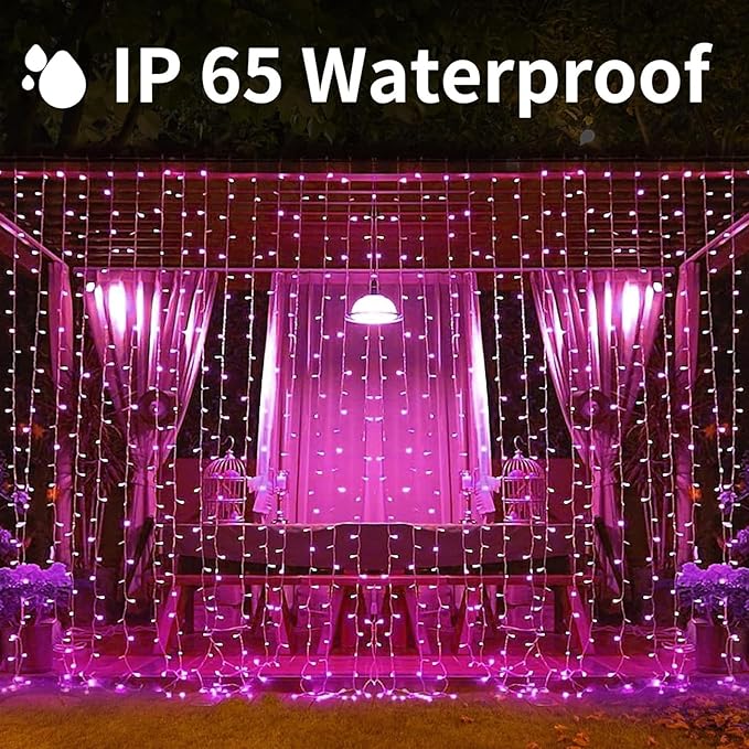 300LED Solar Curtain Lights - Outdoor Indoor Waterproof Fairy String Lights, Twinkle 8 Modes Christmas Decoration for Home Garden Patio Wedding Party (Pink)