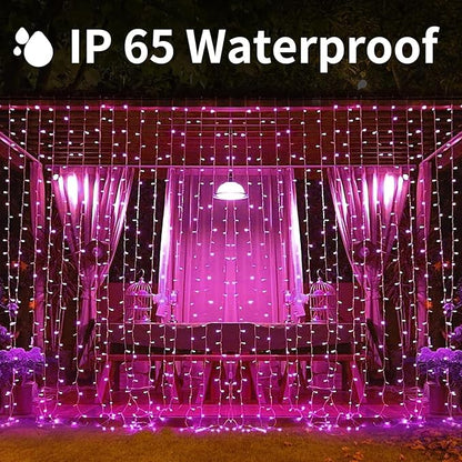 300LED Solar Curtain Lights - Outdoor Indoor Waterproof Fairy String Lights, Twinkle 8 Modes Christmas Decoration for Home Garden Patio Wedding Party (Pink)