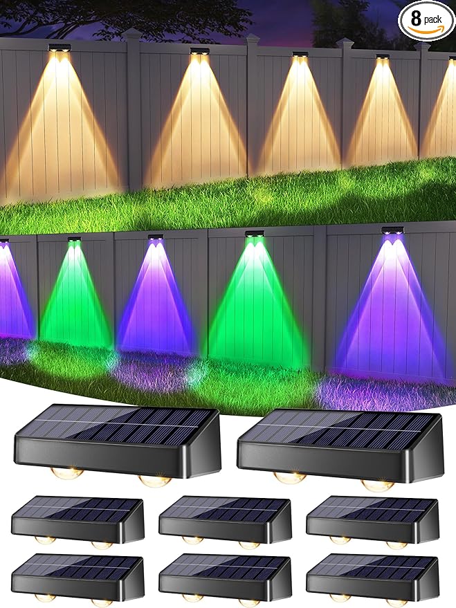 Brizled Solar Fence Lights Outdoor, 9 Colors, 11 Modes, Warm White/Cool White/RGB Color Changing Solar LED Wall Lights, Waterproof Outdoor Lighting for Halloween Garden Backyard Yard Railing, 8 Pack