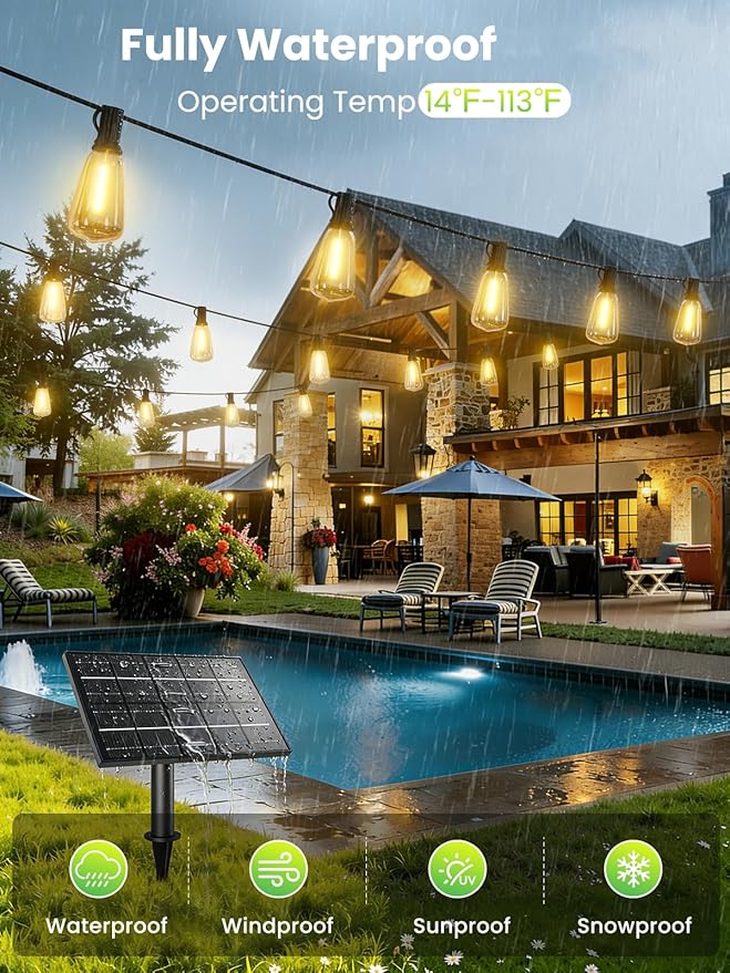Svater 50FT Solar String Lights Outdoor with Remote, ST38 Patio Light with 19 LED Dimmable Shatterproof Bulbs | Lumora
