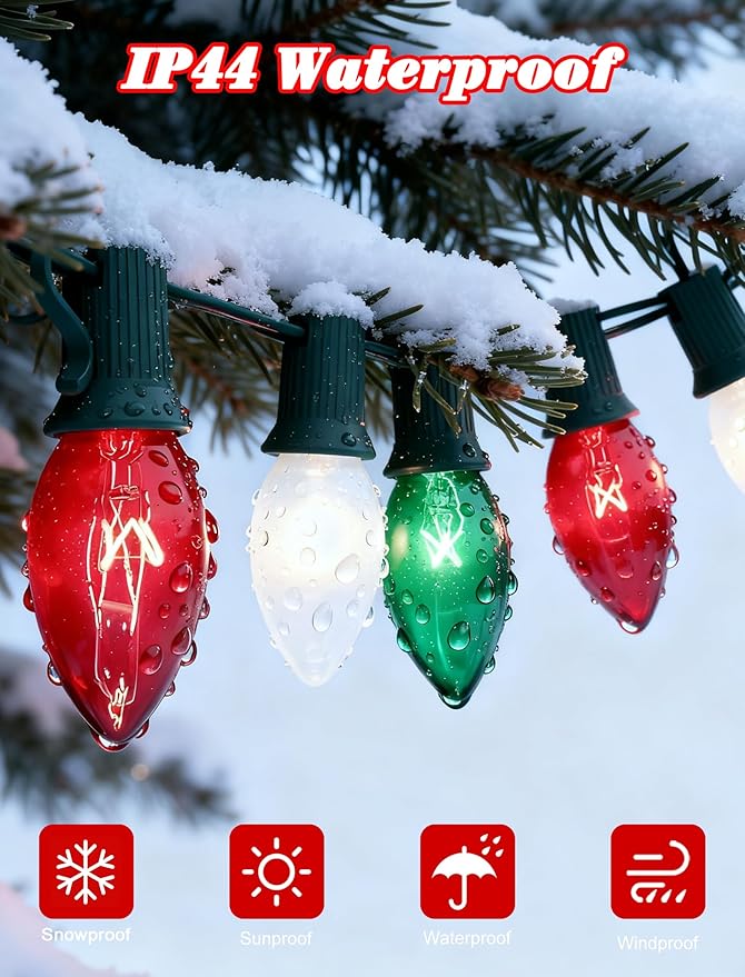 25ft Red White and Green Outdoor Christmas Lights,C9 Clear Incandescent Christmas Lights with 26 Multicolor Bulbs,Waterproof String Lights Plug in for Roofline Tree Garden Decor