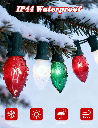 25ft Red White and Green Outdoor Christmas Lights,C9 Clear Incandescent Christmas Lights with 26 Multicolor Bulbs,Waterproof String Lights Plug in for Roofline Tree Garden Decor