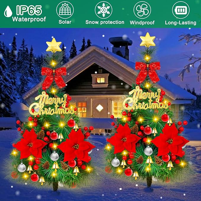 2 Pack 30 inch Solar Xmas Tree Light Outdoor Tree with 30 LED Lights, Pinecones, Star and Bells, Waterproof Christmas Pathway Light Solar Christmas Decorations for Yard Garden Lawn Walkway