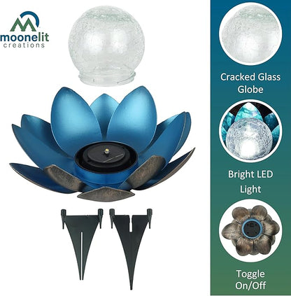 MCSLOTUS-B Blue Lotus Flower Solar LED Garden Light with Crackled Glass Globe – Waterproof Metal Outdoor Décor