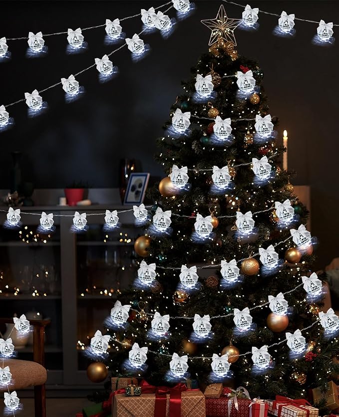 AceList 20 LED 9.8Ft Disco Ball String Lights with Silver Bows, Christmas Tree Disco Decor, Dual Power Disco Lights for Fireplace, Window, Stairs, or Holiday Party (Silver)