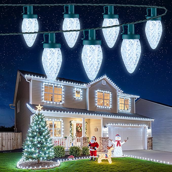 Brightown C9 Christmas String Lights White, 66ft 100 LED Faceted Christmas Lights on Green Wire, Large Bulb Strawberry String Lights for House Roof Roofline Christmas Tree Party Outdoor