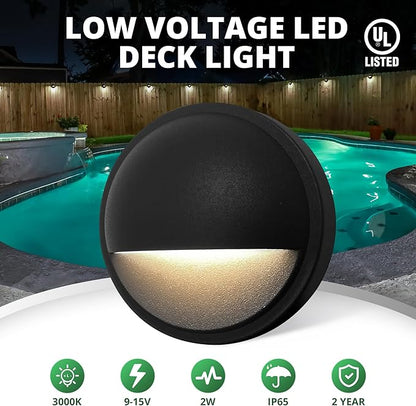 GKOLED 6-Pack Low Voltage LED Deck Lights, Landscape Stair Railing Light Fixture, 2W 3000K Integrated LED Chips, Die-cast Aluminum 12V AC/DC Accent Lighting with Black Powder Coated Finish, UL-Listed