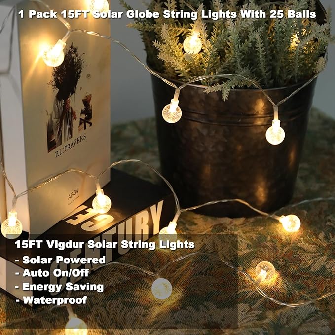 Vigdur Solar String Lights Outdoor, 15ft Globe String Lights with 25 Globes Bulbs, IP65 Waterproof Solar Powered Patio Lights for Garden Yard Porch Wedding Party Decor