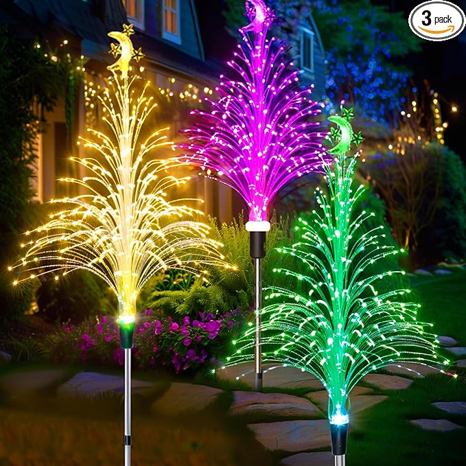 Solar Christmas Tree Pathway Lights-Outdoor Garden Waterproof 7 Color Changing 3Pcs Fiber Optic Jellyfish Lighting Decor for Garden Lawn Patio
