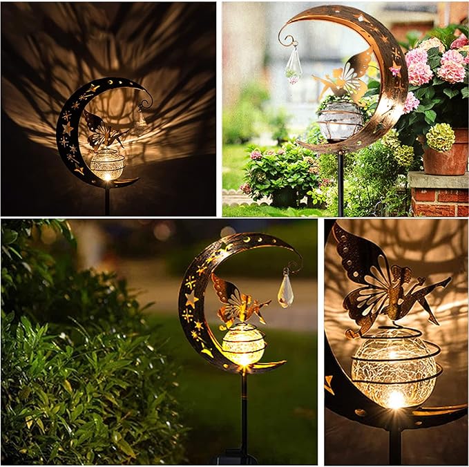Fairy Garden Decor, Moon Fairy Garden Solar Light with Crackle Glass Globe, Waterproof LED Yard Decorations Outdoor Solar Yard Lights for Landscape Pathway Lawn Patio (Moon)