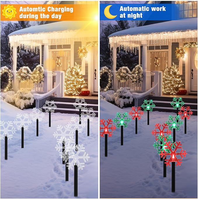 Macarrie 20 Pcs Solar Christmas Snowflake Pathway Lights Outdoor LED Christmas Decorations Waterproof Stake Lights Xmas Decorative Lights for Garden Yard Christmas Decor(Red Green Light)