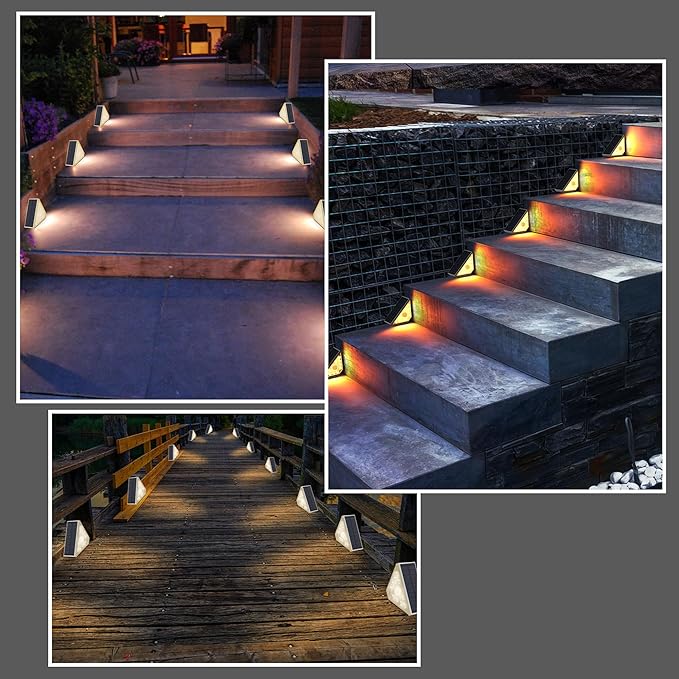 Solar Step Lights for Outside - 8 Pack Outdoor Stair Solar Powered Light, Waterproof Deck Step Triangle LED, Warm White Lighting Decor for Garden Patio Yard Porch Pathway Fence Walkway
