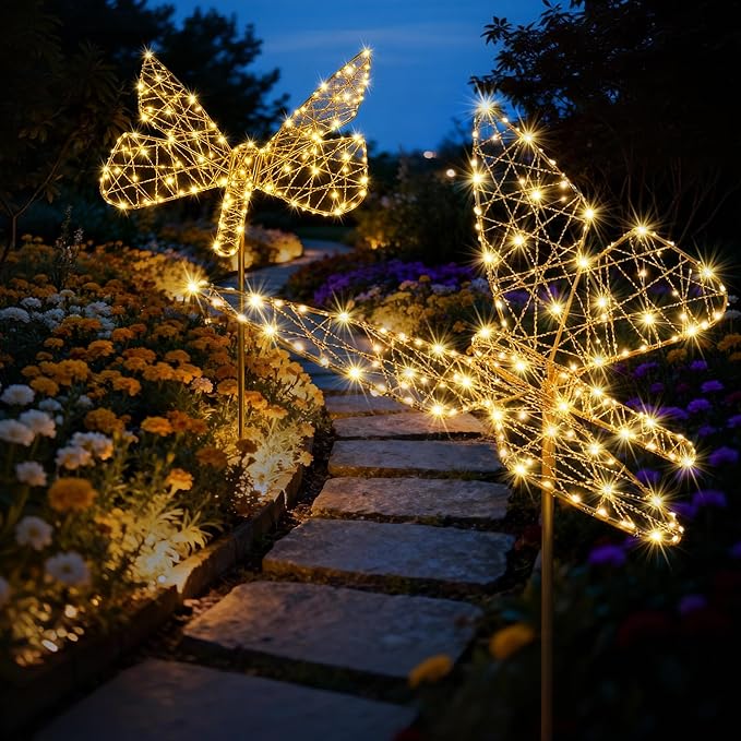 Flacchi Solar Lights Outdoor - Solar Garden Lights Butterfly Decor with 240LED, Solar Powered Iron Waterproof Easy to Install for Pathway Garden Decorations Patio Decor Yard Decoration