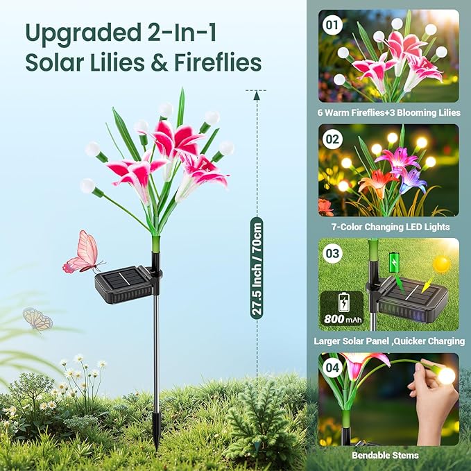 WdtPro Upgraded Solar Garden Lights Outdoor: 4 Pack Solar Firefly Swaying Light with Colorful LED Lily Flower, Waterproof Garden Decor for Yard Patio Pathway Lawn, Gifts for Women (2 Rosy+2 Purple)