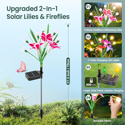 WdtPro Upgraded Solar Garden Lights Outdoor: 4 Pack Solar Firefly Swaying Light with Colorful LED Lily Flower, Waterproof Garden Decor for Yard Patio Pathway Lawn, Gifts for Women (2 Rosy+2 Purple)