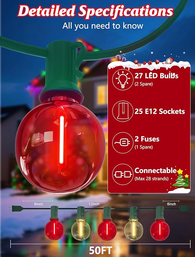 SUNSGNE Red and White Christmas Lights, 50FT G40 Globe Christmas Lights with 27 LED Round Xmas Light Bulbs(2 Spare) | Lumora