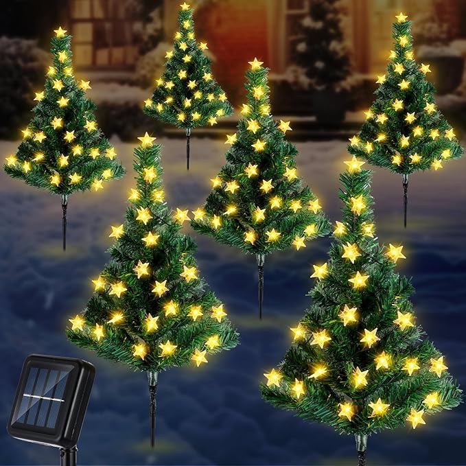 Retisee 6 Pack Solar Christmas Tree Pathway Lights Decorations Outdoor LED Star 8 Modes Prelit Small Christmas Tree Waterproof Solar Stake Lights for Garden, Yard, Lawn, Cemetery